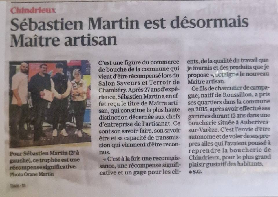 Article de journal : Sébastien Martin est désormais Maître Artisan