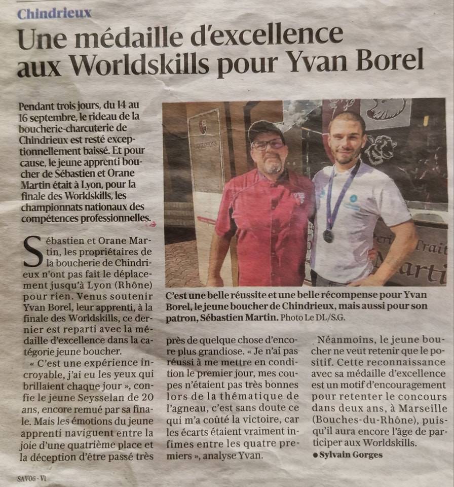 Article de journal : Une médaille d'excellence aux Worldskills pour Yvan Borel